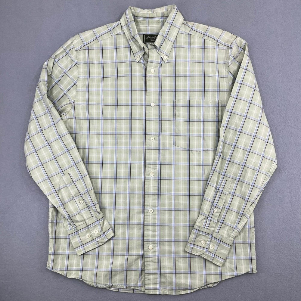 Eddie Bauer Mens Plaid Button Down Shirt Sage Green Blue Long Sleeve Size M